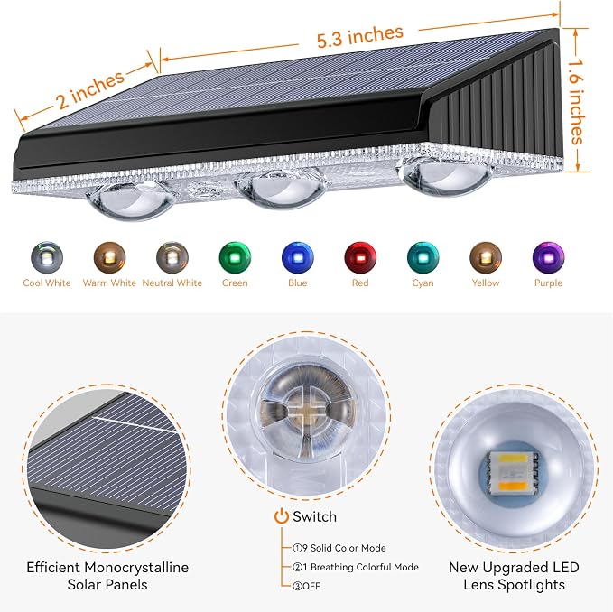 Solar Fence Lights Outdoor 10 Pack, Upgraded Brightness 3X LED Lens Fence Lights Solar Powered, 9 Fixed Colors & RGB Lights, IP65 Waterproof Solar Lights for Outside Backyard/Railing/Step/Patio
