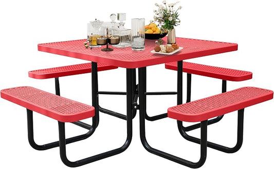 46'' Square Metal Picnic Table for Outdoors, Commercial Steel Metal Picnic Tables, Heavy Duty Sturdy Picnic Tables Furniture Set for Patio Garden Courtyard BBQ, with Umbrella Hole, Red