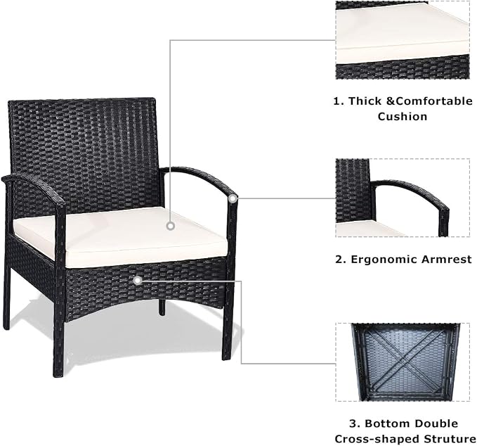 COSTWAY 3 PCS Patio Wicker Conversation Set, PE Rattan Sofa with Tempered Glass Coffee Table, 2 Chairs, 2 Cushions, Outdoor Patio Furniture Set for Yard Porch Bistro Balcony Backyard Pool, White