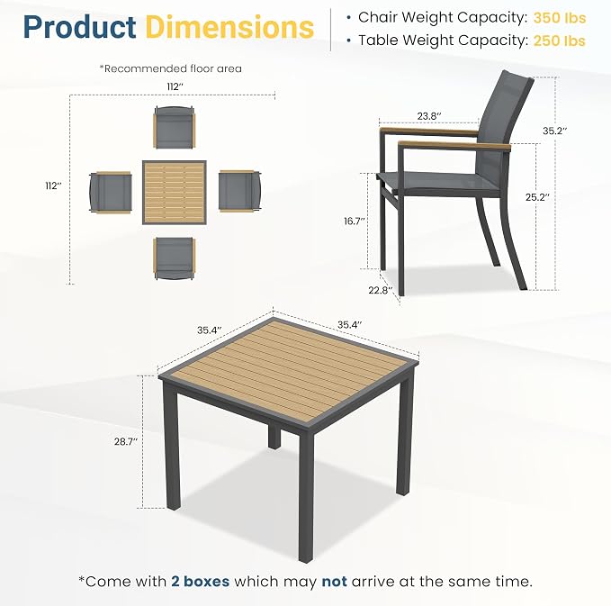 5-Pieces Aluminum Patio Table and Chairs for All-Weather, Patio Table Set with Heavy Duty HDPS Square Table, Outdoor Patio Dining Furniture Set with Breathable Quick-Drying Textilene Chairs