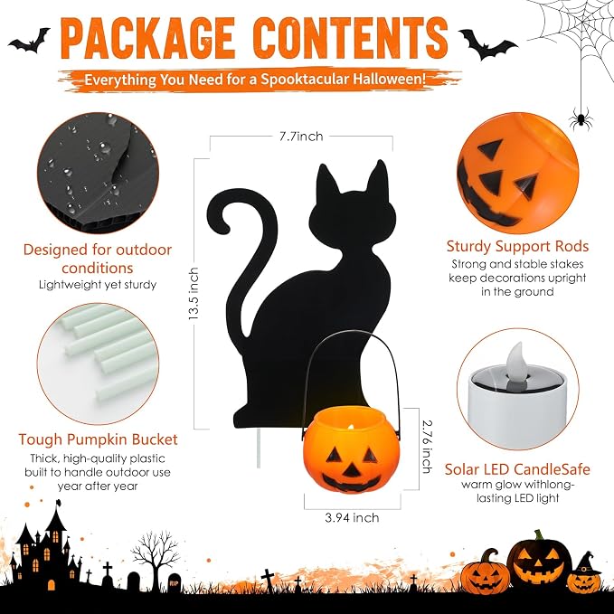 Fumete 4 Sets Halloween Decorations Outdoor Solar Pathway Lights Halloween Black Cats Yard Stakes Pumpkin Solar Candles Wire Free Garden Outdoor Lights for Yard Lawn Pathway Walkway Decorations
