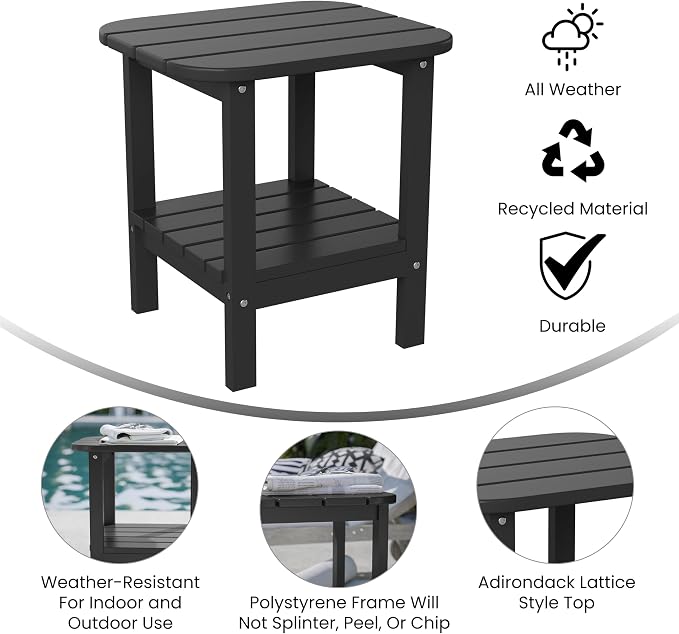 Flash Furniture Newport 2-Tier Adirondack Side Table - Recycled HDPE All-Weather Materials - Indoor/Outdoor - Black