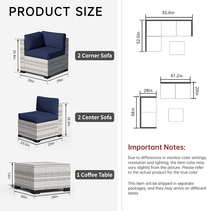 5 Pieces Outdoor Patio Furniture Set, Wicker Modular Sectional Sofa, All Weather Conversation Sets with Glass Table for Yard, Garden, Poolside, Off-White Rattan & Navy Blue Cushions