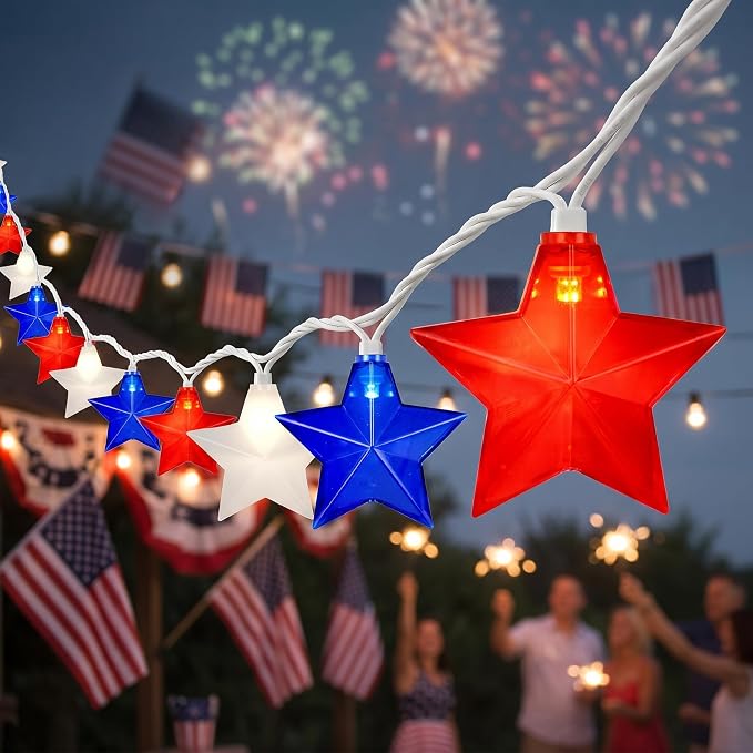 12Ft 4th of July String Lights, 20L LED Red White and Blue Star Lights | Plug in for Patriotic Home Porch Mantel Classroom Backyard Tree Decor, Independence Day Decorations, Indoor and Outdoor Use