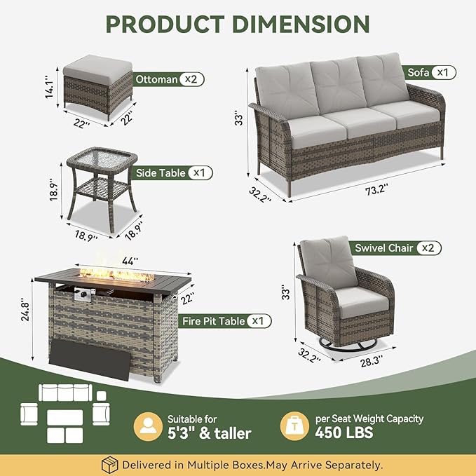 Aoxun 7-Piece Patio Furniture Set with 44” Fire Pit Table, Wicker Rattan Outdoor Sectional Sofa with High Back Swivel Rocker Chairs, Outdoor Patio Furniture Set with Thick Cushions & Ottoman, Grey
