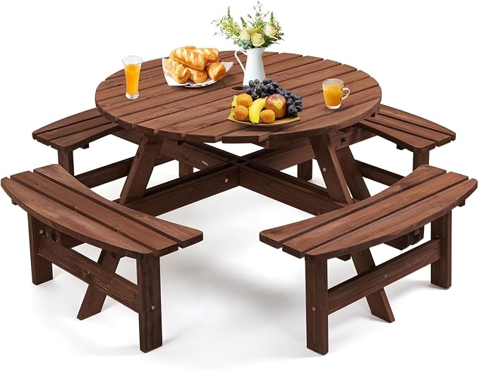 Zevemomo 8 Person Wood Picnic Table, Round Tabletop with Umbrella Hole, 4 Integrated Curved Benches, 2220LBS Overall Capacity for Patios, Backyard, Rustic Brown