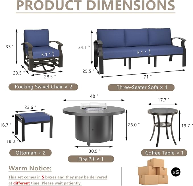 ALAULM Aluminum Patio Furniture Set with Coffee Table Rectangular, 5-seat Outdoor Sectional Furniture w/2 Swivel Chairs, Patio Conversation Set for Porch, Backyard, Poolside-Grey