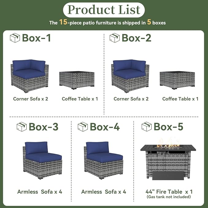 Aoxun 15 Piece Patio Furniture Set with 44” Fire Pit Table Wicker Rattan Outdoor Sectional Sofa Set with Coffee Table and Thickened Cushions, Grey/Blue