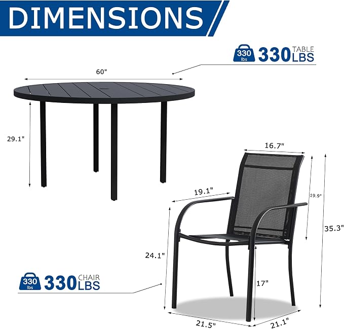 9 Pieces Patio Dining Set for 8, Black Patio Stackable Chairs and Black Round Table Set of 8, Outdoor Furniture Set with Sling Support for Outside, Garden