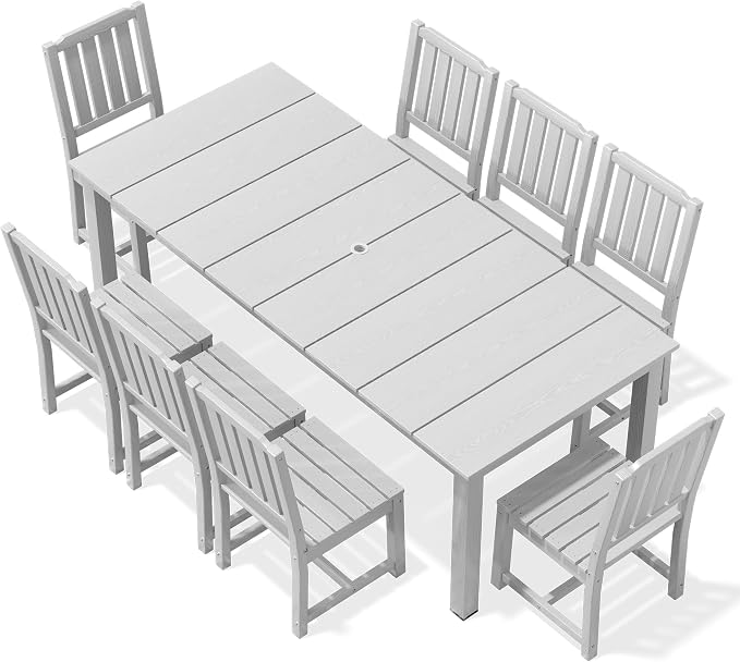 AreShark 9-Piece Outdoor Dining Set,HDPE Patio Table with 8 Chairs,All-Weather Patio Furniture Set with Umbrella Hole,Low Maintenance Wood Grain Dining Set for Backyard,Garden,Poolside,White