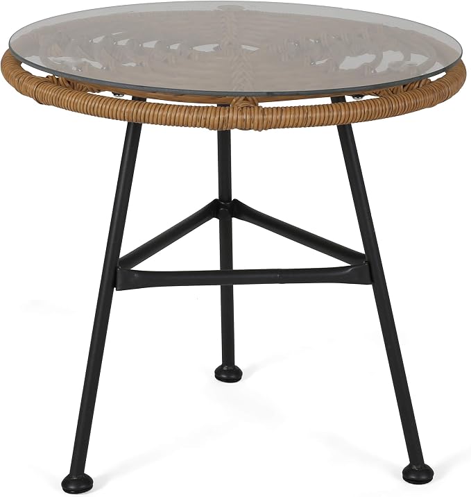 Great Deal Furniture Rodney Outdoor Woven Faux Rattan Side Table with Glass Top, Light Brown and Beige Finish (309168)