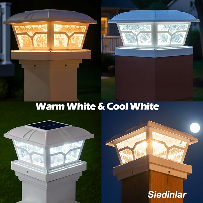 SIEDiNLAR Solar Post Cap Lights Outdoor 2 Color Modes 8 LEDs for 4x4 5x5 6x6 Posts Fence Deck Patio Decoration Warm White & Cool White Lighting White (2 Pack)