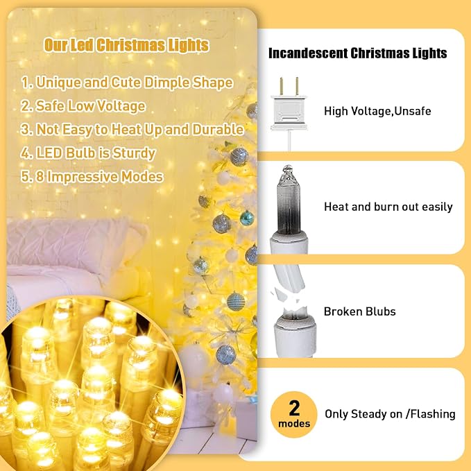 JMEXSUSS 100 LED String Lights Indoor Bedroom Warm White Christmas Lights | 8 Modes Plug in Classroom Lights, 33 ft Connectable Room Fairy Twinkle Light Outdoor for Mirror Room Home Garden Xmas Tree