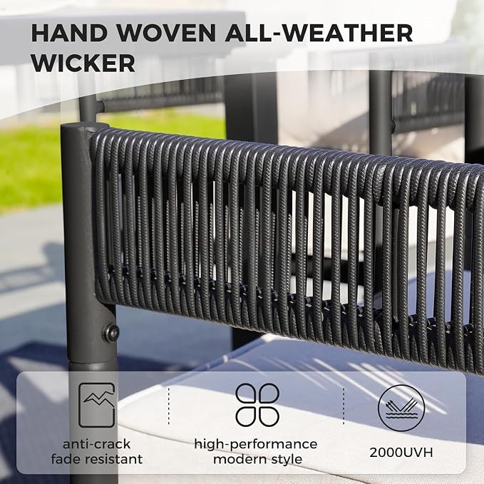 Grand patio 9-Piece Expandable Table Dining Set for 6 to 10, Aluminum Outdoor Dining Table with Glass Tabletop, Metal Woven Wicker Fixed Patio Chairs with Cushions for Yard, Poolside, Deck (Black)