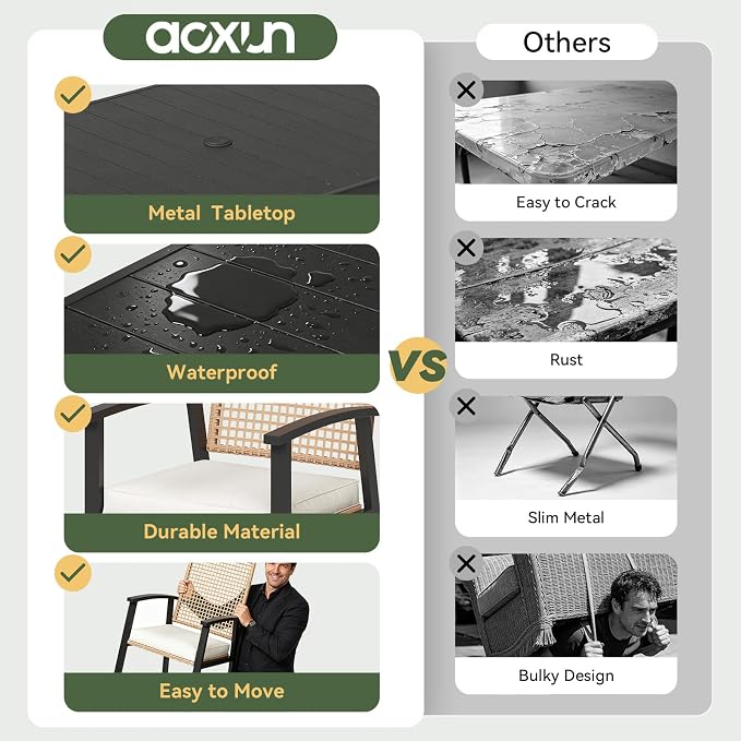 Aoxun 5-Piece Patio Table and Chairs Set for 4 with Umbrella Hole, Outdoor Dining Set with 6 Wicker Chairs and 1 Rectangular Metal Table, Patio Dining Sets with Soft Cushion for Backyard, Garden