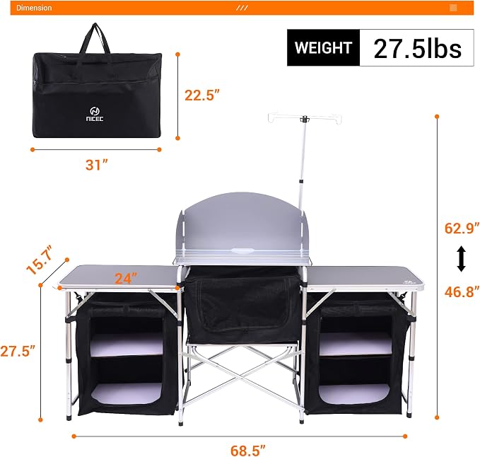 Nice C Camping Kitchen Table, Folding Cook Table, Upgrade Light Stand and Windshield Cook Station & 3 Organizers, Carry Bag for Grill, Outdoor, Beach, BBQ, Picnic, Cooking (Silver)