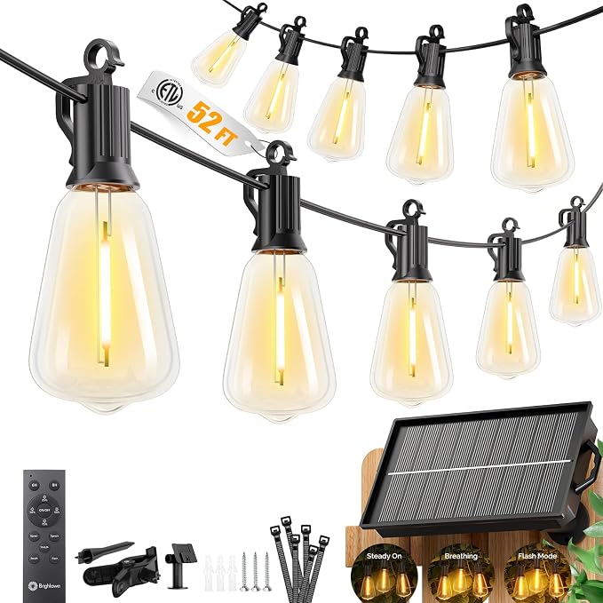 Brightown 52FT Solar String Lights Outdoor Waterproof, 26Hrs Runtime | 15+1 LED Bulbs, USB & Solar Powered, Remote Control & Dimmable Timer, Ideal for Backyard, Garden, Camping & Party Decor