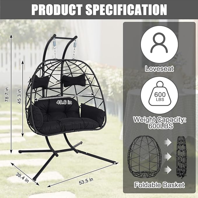 Double Egg-Shaped Hammock Chair, Swing Egg Chair, Wicker Hanging Chair with Removable Washable Cushion