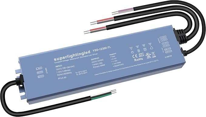 12VDC 300W 0/1-10V & TRIAC Dimmable LED Driver, UL-Listed IP67 Waterproof Power Supply, 110V AC to 12V Low Voltage Transformer for LED Strip Lights, Landscape, Underwater, Fountain & Wall Wash Lights