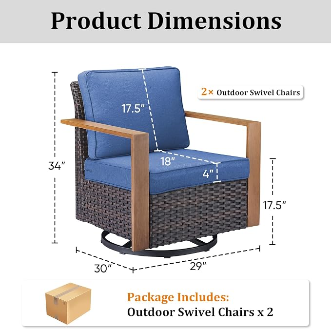 2PCS Outdoor Swivel Patio Chairs Set, All-Weather Wicker Swivel Rocker Chairs with High Back and Deep Seat, Patio Seating for Porch, Deck, Backyard and Poolside Blue