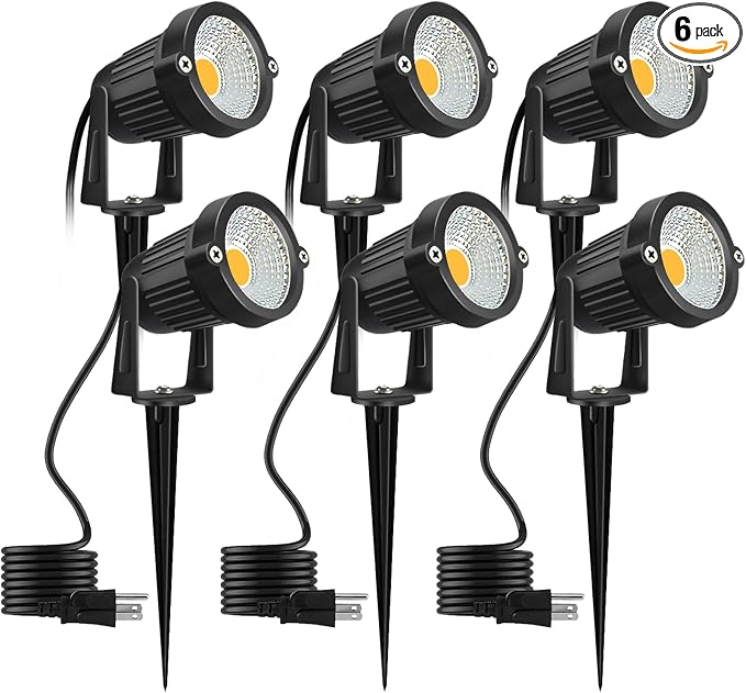 Romwish 5W Landscape Lighting, 120V Plug-in Outdoor Spotlights, 6 Pack | 3000K Warm White, 550LM Bright LED, IP65 Waterproof, 120V Plug and Play, Adjustable 270° Beam for Yard Garden Lawn Tree