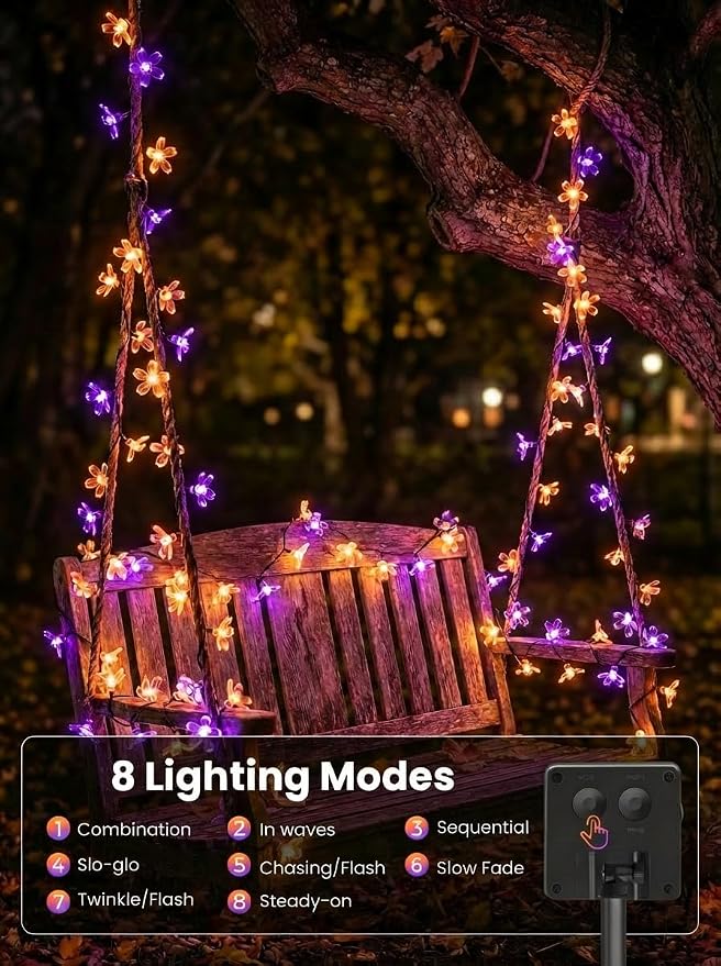 ITICdecor Solar Flower String Lights Outdoor Waterproof 50 LED Solar Powered Fairy Lights for Garden, Fence, Patio, Yard, Christmas Tree & Party Decor(Purple & Orange)