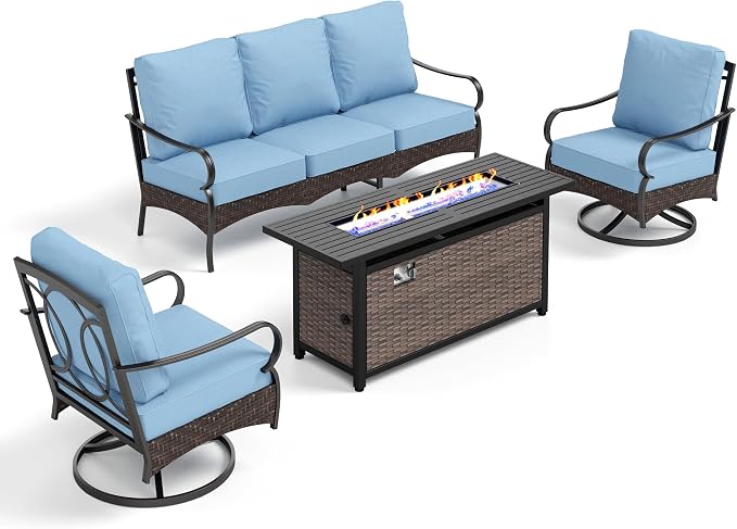 PHI VILLA Patio Furniture Set with 56" Fire Pit Table, Premium Outdoor Wicker Metal Frame Furniture with Upgraded Waterproof Thick Cushions for Porch, Poolside, Deck, and Yard （4 Pieces,Blue）