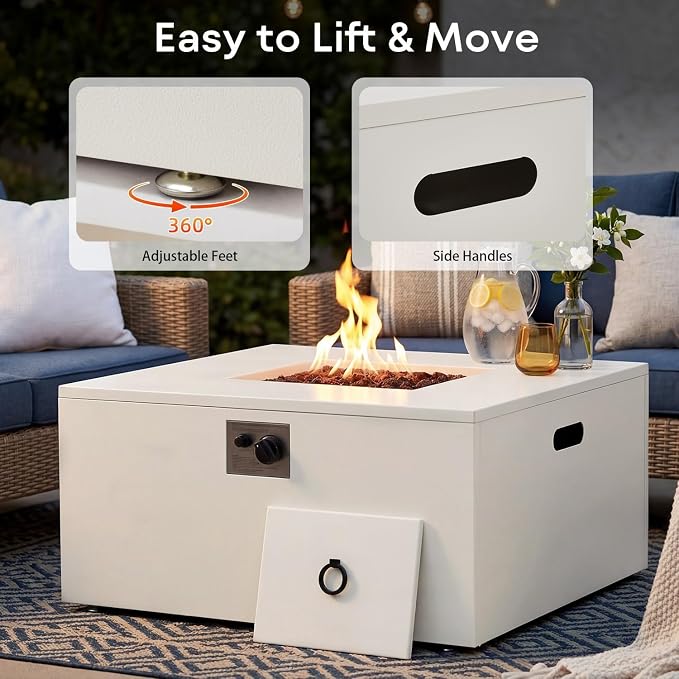 ECOTOUGE 8-Piece Half-Moon Curved Patio Furniture Set with Fire Pit Table, Wicker Rattan Sectional Sofa with Thick Cushions, Outdoor Conversation Set for Backyard Garden No Tank Cover(Beige, White)