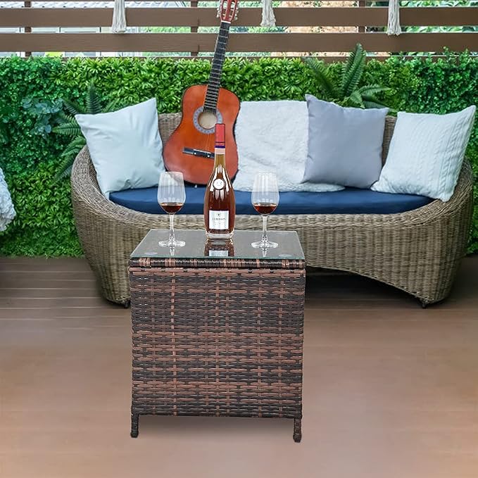 Outdoor Wicker Rattan Side Table, Square Rattan Coffee End Table Patio Wicker Table with Tempered Glass Top and Storage for Patio Garden Balcony (Brown)