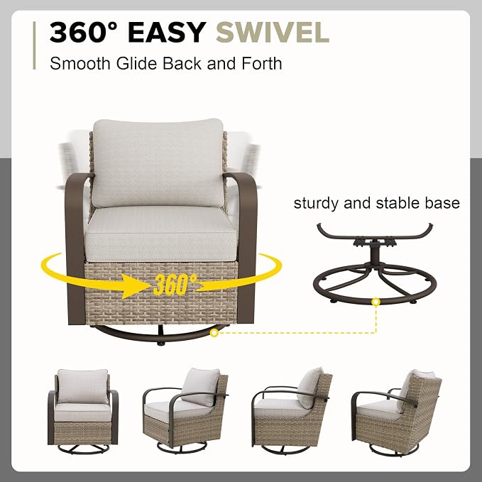 COOS BAY Aurora Terrace 6 Piece Outdoor Sectional Furniture Set, Half Moon Rattan Wicker Conversation Set with Swivel Chairs, 5 Seat Sofa & Coffee Table for Patio Garden Yard, Beige/Beige