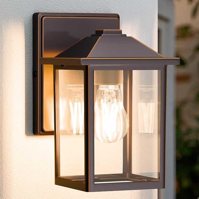MATAMEYE Outdoor Wall Light Fixture, Exterior Waterproof Porch Lighting | Oil Rubbed Bronze Patio Wall Lantern, Anti-Rust, Clear Glass, E26 Socket, Wall Mount Sconce Lighting, Outside Front Door Lamp