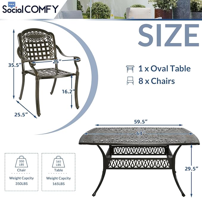 9-Piece Patio Cast Aluminum Dining Set, Outdoor Table and Chairs Set for 8, Includes 64" Large Square Dining Table and 8 Chairs with Umbrella Hole, Patio Furniture Set for Lawn Garden