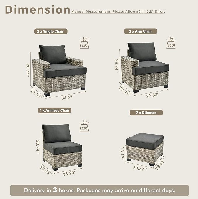Weaxty 7 Pieces Outdoor Furniture Set, Patio Sectional Sofa Wide Seats Couch Chair with Ottoman, Thick Cushion All-Weather Rattan Patio Conversation Sets for Backyard Porch Balcony, Black