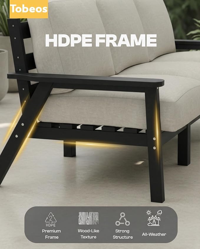 HDPE 5 Piece Patio Furniture Set, Outdoor Couch with Washable Thick Beige Cushions & Coffee Table, Outdoor Sectional Furniture for Backyard, Deck, Lawn, Porch (Black Frame)