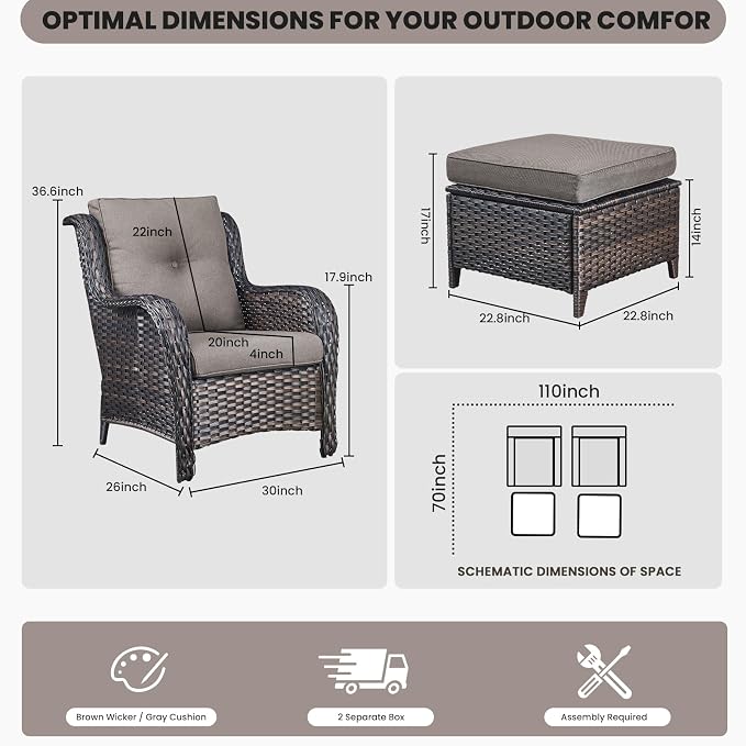 Belord Wicker Furniture 4 Pieces Outdoor Patio Furniture Set Patio Chairs with Ottomans Conversation Set for Porch Garden Deck Balcony Poolside
