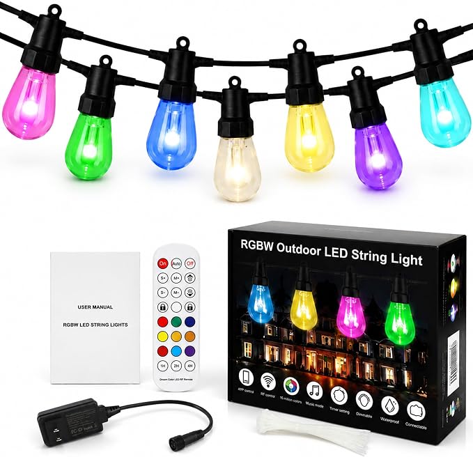 Outdoor String Lights 27FT, RGBW Patio Lights with App & Remote Control | 10 ST14 bulbs, RGBW color modes, app control, remote control, music mode, timer, patio decor