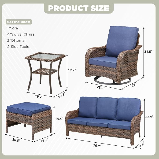 9 PCS Patio Furniture Set, Outdoor Wicker Sofa & 4 Swivel Rocking Chairs with 2 Ottomans & 2 Side Tables, 4-Inch Thick Olefin Cushions, 300 lbs Capacity Rattan Conversation Set for Porch, Blue