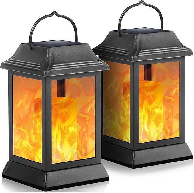 TomCare Flickering Flame Solar Lights Outdoor Metal Hanging Lantern, 2 Pack | Realistic Flame Effect, Charges in 6-8 Hours, 10-12-Hour Runtime, IP65 Waterproof, Auto On/Off for Patio, Garden and Porch