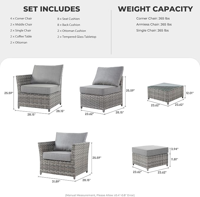 CAODOC 12 Pieces Outdoor Furniture Patio Sectional Sofa Couch Gray PE Wicker Conversation Sets with Ottomans Glass Coffee Table for Garden Poolside Backyard
