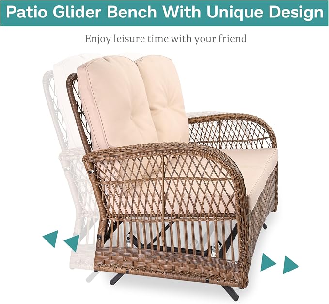 MEETWARM 7 Pieces Outdoor Patio Rattan Furniture Sets, All Weather Patio Wicker Conversation Set- 2 Rocking Chairs, 2 Swivel Chairs, 1 Loveseat Glider with Cushions, 2 Glass-Top Coffee Table, Beige
