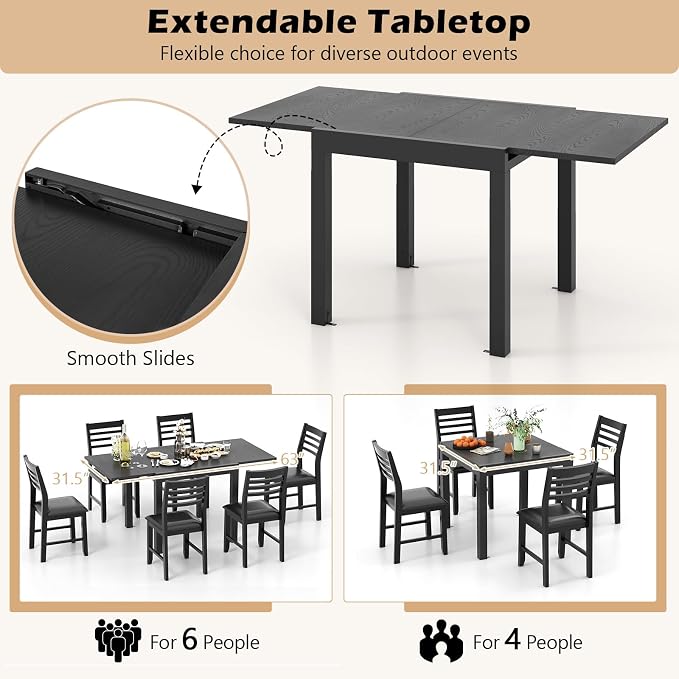Giantex Expandable Aluminum Dining Table for 4-6 People, 31.5”-63” Extendable Patio Table, Adjustable Rectangular Bistro Table, Outdoor Dining Furniture for Garden, Deck & Poolside
