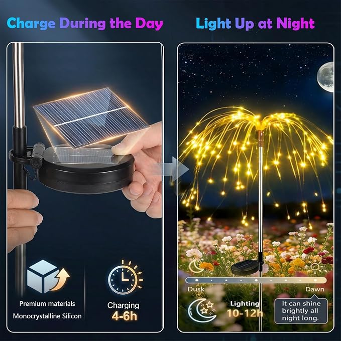 Solar Firework Lights Outdoor, Adjustable 32" to 51" Extra Tall, 200 LED Stainless Steel 3-Section Pole, 8 Modes Waterproof Starburst Garden Lights for Yard Pathway Walkway Decor(Warm White 6 Pack)