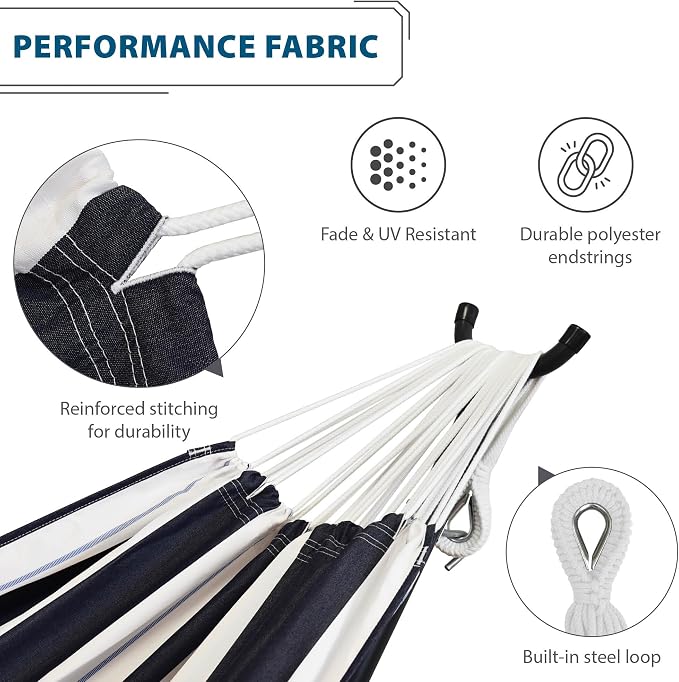 Vivere Double Sunbrella Hammock with Space-Saving Steel Stand, Heavy-Duty Portable Outdoor Hammock Set for Backyard, Patio, or Travel, Harbor