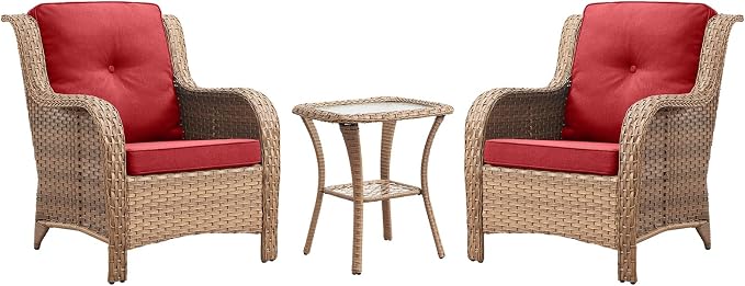 Rilyson Patio Bistro Set Outdoor Chairs - 3 Piece Wicker Rattan Patio Furniture Set with 2 Armrest Chair and 1 Side Table for Proch Deck Garden Backyard Balcony(Yellow/Red)