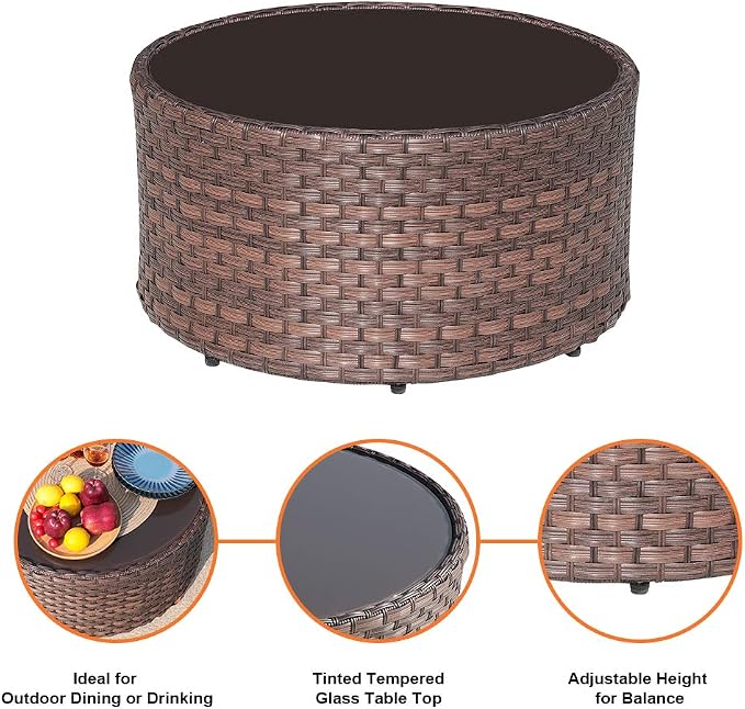 SUNSITT Round Outdoor Coffee Table with Tempered Glass Top, 28in Rattan PE Resin Wicker Patio Side Table, Brown