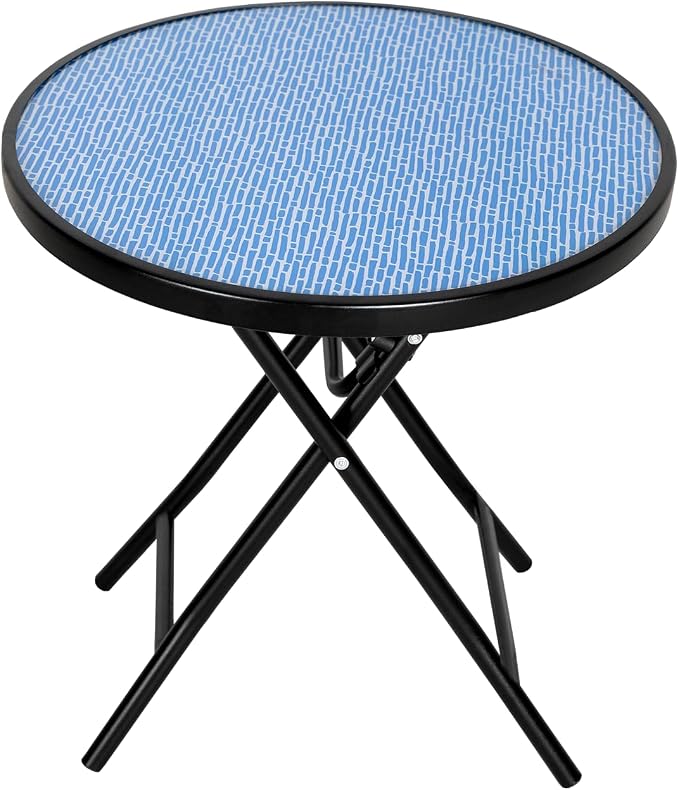 Abba Patio Bistro Table,18" Round Folding Side Table with Tempered Glass Tabletop,Small End Table for Outdoor Indoor Yard Garden Balcony Coffee,Blue