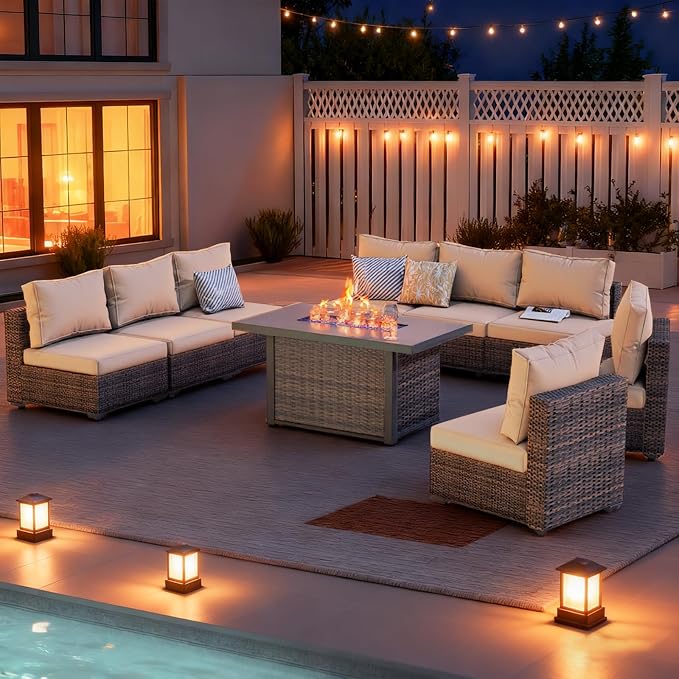 9 Piece Patio Furniture Set with 42" Fire Pit Table, Outdoor Wicker Rattan Sectional Sofa Set, Patio Conversation Set with Thickened Cushions, Beige