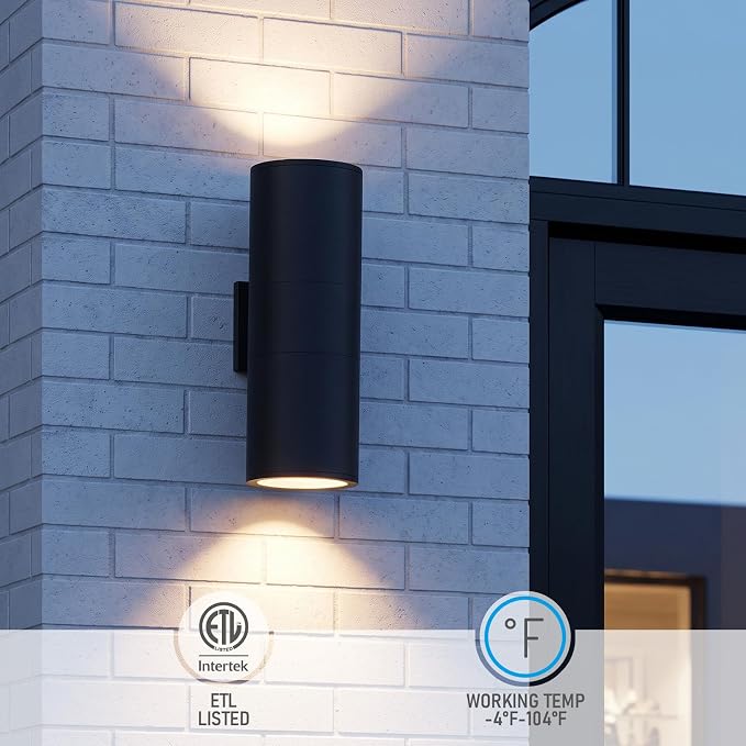 LEONLITE 2-Pack 22" Outdoor Cylinder Wall Light, Up and Down, E26 Base | Modern Porch Patio Lights, Waterproof Wall Sconce, Exterior Light Fixture Wall Mount, Aluminum, Matte Black, ETL Listed