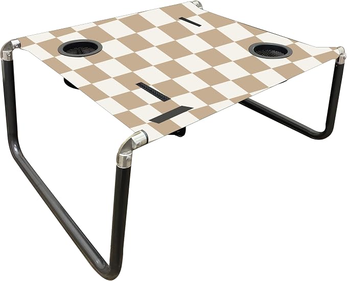 Neso Beach Table - Lightweight, Portable and Foldable Table for Beach, Camping and Outdoor Adventures - Stable Surface - with Cup Holder for Drinks and Phone Pockets - Tan Checkers