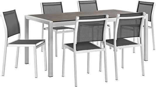Modway Shore 7-Piece Aluminum Outdoor Patio Dining Table Set in Silver Black